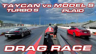 1020 HP PLAID vs TAYCAN  Tesla Plaid Model S vs Porsche Taycan Turbo S 14 Mile Drag Race [upl. by Sisak]