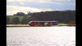 Hochwasser in der WetterauDB Regio 642 Dieseltriebwagen auf der Niddertalbahn bei Nidderau Eichen [upl. by Snehpets52]