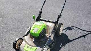 greenworks pro 80v electric lawn mower review part 1 plowing through tall thick wet grass [upl. by Mutz]