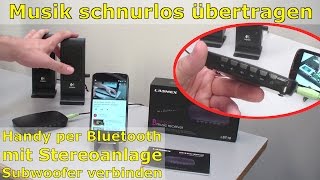 Bluetooth Audio Adapter für schnurlose Musik von Handy an Stereoanlage [upl. by Ahtimat]