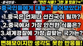 중국반응 중국 네티즌들에게 물어보았다 1중국은 언제나 선진국이 될까 2 중국에서 가장 안전한 식품은 3세계 경찰에 가장 걸맞는 국가는 [upl. by Galliett]