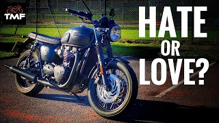 Triumph T120 Bonneville Review  3 things I hate and 5 things I love  Last of the quotHey Kidsquot videos [upl. by Nylhtiak]