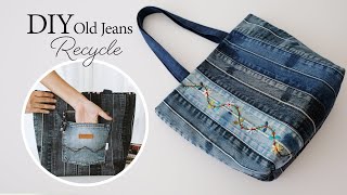 DIY old jeans recycle Tote Bag  Sewing  Tutorial 264 [upl. by Glassco895]