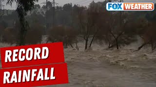 Record Rainfall Flooding Roads Causing Mudslides In Los Angeles During Atmospheric Storm [upl. by Welbie]