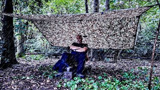 Woodland day camp Tarp shelter in the rain Brew using an alcohol stove [upl. by Zeitler183]