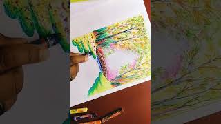 quotShinning Oil Pastel Scenery Tutorialquot mountainhilltreescenerystep by step [upl. by Brandi]