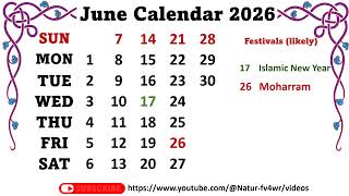 June Calendar 2026 junecalender2026 [upl. by Naihtsirc]