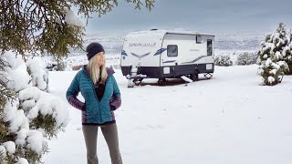 HUNKERING DOWN IN A SNOW STORM Cozy in my Trailer  Living in a Travel Trailer  Winter Camping [upl. by Ecinert319]