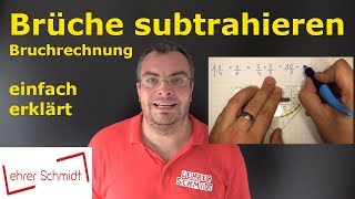 Brüche subtrahieren Minus  Bruchrechnung  einfach erklärt  Lehrerschmidt [upl. by Tenej]