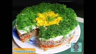 Mimosa Salad  Layered Veggies Egg and Tuna Salad  Russian Salad  Russian Food [upl. by Atterys]