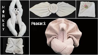 5 Ideas of Towel folding Origami Monkey Flowers Peacock Lotus Sunset [upl. by Oelc]