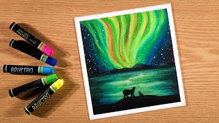 Mother Bear with Cub under Aurora Night  Drawing with Oil Pastel  Step by Step [upl. by Ledniahs]