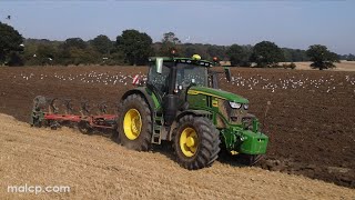 4Kᵁᴴᴰ 2023 John Deere 6R 250 amp a Kverneland LO85 six furrow plough ploughing wheat stubble in Sibton [upl. by Darcie]