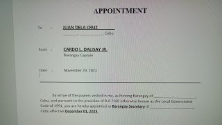 Appointment of Barangay Secretary  Sample  Example [upl. by Macfarlane297]