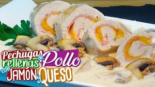 Pechugas de pollo rellenas con jamón y queso en salsa de champiñones  Recetas paso a paso [upl. by Hemetaf237]