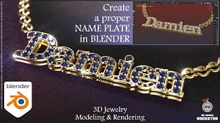 3D Jewelry modeling and rendering Create a proper Name Plate with gemstones using Blender 32 [upl. by Steel]