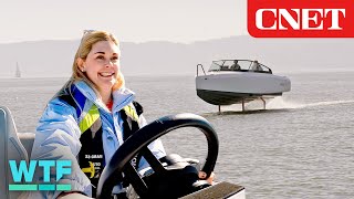 TEST DRIVE Worlds Only Electric Hydrofoil Boat Flies Above Water [upl. by Doi323]