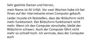 Deutsch lernen DTZ Deutsch B1 Prüfung und A2  Briefe schreiben Teil 1 Eine Reklamation schreiben [upl. by Ajet]