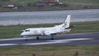 Extreme Headwind landing SAAB 340 of Flybe at Sumburgh Airport Shetland [upl. by Ecirtam]