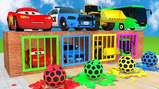 McQueen Police Car Excavator Bus Guess The Right Door Guess ESCAPE ROOM CHALLENGE Car Cage Game [upl. by Kroo]