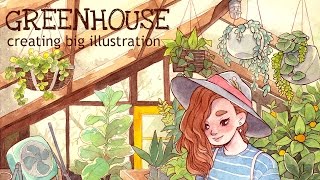 Creating big illustration  Watercolor drawing quotGREENHOUSEquot [upl. by Undine]