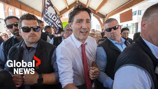 Trudeau swarmed by hostile crowd during event in Belleville Ont [upl. by Verdi988]