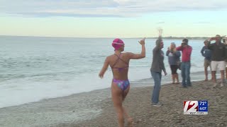 Olympian Elizabeth Beisel completes swim to Block Island [upl. by Ahsino854]