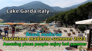 Toscolano maderno Lago di Garda Italy 2023  topless beach walk  Walking tour italy [upl. by Lleral]