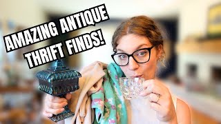 HUGE THRIFT HAUL GREAT ANTIQUES CLOTHES TRY ON AND GLASS [upl. by Annaeg]