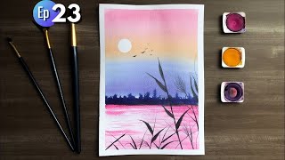 ACUARELA PARA PRINCIPIANTES 23 💜🧡CÓMO PINTAR UN PAISAJE ROSADO 😍 [upl. by Yousuf]