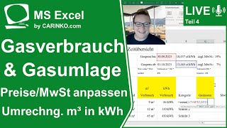 Indra Kohl Live  In MS Excel Gasverbrauch erfassen  Umrechnung m³ in kWh Teil 4  wwwcarinkocom [upl. by Nrev]