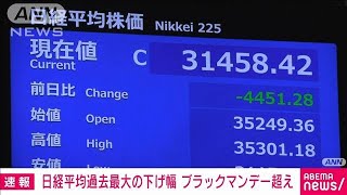 【速報】日経平均株価終値 先週末比4451円安で過去最大の下げ幅 米国景気不安と円高で2024年8月5日 [upl. by Rockie]