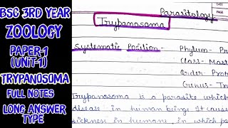 BSC 3 YEAR ZOOLOGY PAPER1  TRYPANOSOMA UNIT1 parasitology  notes with full explanation [upl. by Nylodnarb]