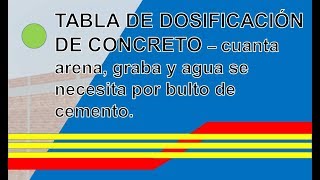 TABLA DE DOSIFICACIÓN DE CONCRETO – cuanta arena grava y agua se necesita por bulto de cemento [upl. by Yblek]