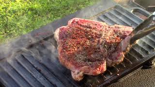 Tbone steak on cast iron griddle pan [upl. by Enimsaj]