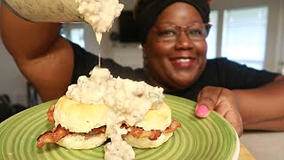 THE BEST COUNTRY SAUSAGE GRAVY RECIPE AND BACON SANDWICH BISCUITS ASMR COOKING SOUNDS [upl. by Maurreen117]