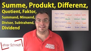 Summand Summe Minuend Subtrahend Differenz Faktor Produkt Dividend Divisor Quotient [upl. by Esir]