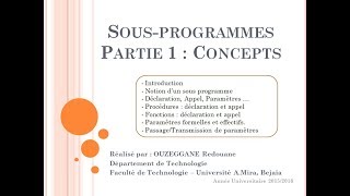 Cours 12  Les SousProgrammes Fonctions amp Procédures  Partie 1  Notions de base [upl. by Etteloc]