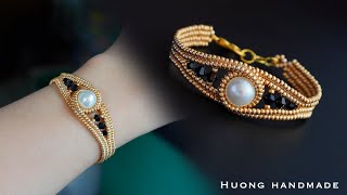 Twisted herringbone beaded bracelet How to make pearl bracelet Beading tutorial [upl. by Yesima888]