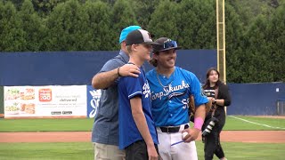 PJ Wendel Throws First Pitch at Tarp Skunks Community Buyout Presented by Live CHQ [upl. by Inhoj]