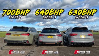 QUATTRO RIVALS 630HP RS3 vs 640HP RS4 vs 700HP RS6 [upl. by Nerreg816]