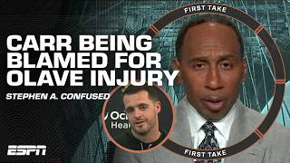 Michael Thomas BLAMES Derek Carr for Chris Olaves concussion 🤔 Stephen A is confused  First Take [upl. by Chaney]