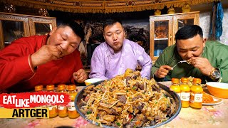 Mighty Mongolian Tsuivan Feast for Mighty Wrestlers Mukbang Nomads  Eat Like Mongols [upl. by Annayehc]