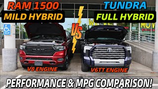 All New Toyota Tundra V6TT Full Hybrid VS RAM 1500 V8 Mild Hybrid MPG And Performance Comparison [upl. by Ignacius]