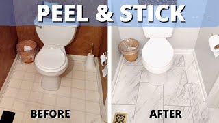 Watch Us PEEL amp STICK a SMALL BATHROOM FLOOR with Luxury Vinyl Tile [upl. by Hamilah713]