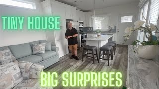 Lots of Surprises in this Pretty HUD Park Model Tiny House with Front Kitchen  Home Tour HD 1080p [upl. by Eatnoid]