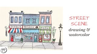 Retro Building Street Scene Watercolor tutorial [upl. by Scharff]