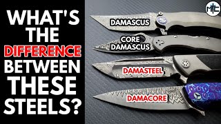 Whats the Difference Between Damascus Damascus with a Core Damasteel and Damacore Blade Steels [upl. by Ordway494]