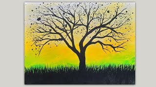 Splattered Tree Silhouette Acrylic Painting Demonstration Easy Painting [upl. by Sanjiv]