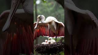 Mother Spoonbill Bird Sheltering Her Chicks from the Rain mother birds parrot [upl. by Taggart]